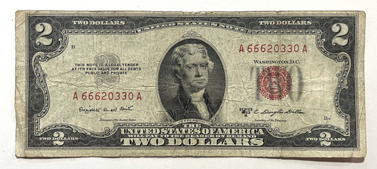 1953B Fancy Devil 666 Repeater Serial Number 2 Dollar Note - 66620330 - 1953-B Two Dollar Legal Tender Cool Serial Note - Fr#1511