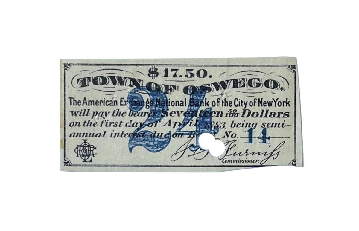 1871 Lake Ontario Shore Railroad Town of Oswego New York Interest Bond Coupon - NY Railroad Bond - 1871/1883 LOSRR $17.50 Interest Coupon