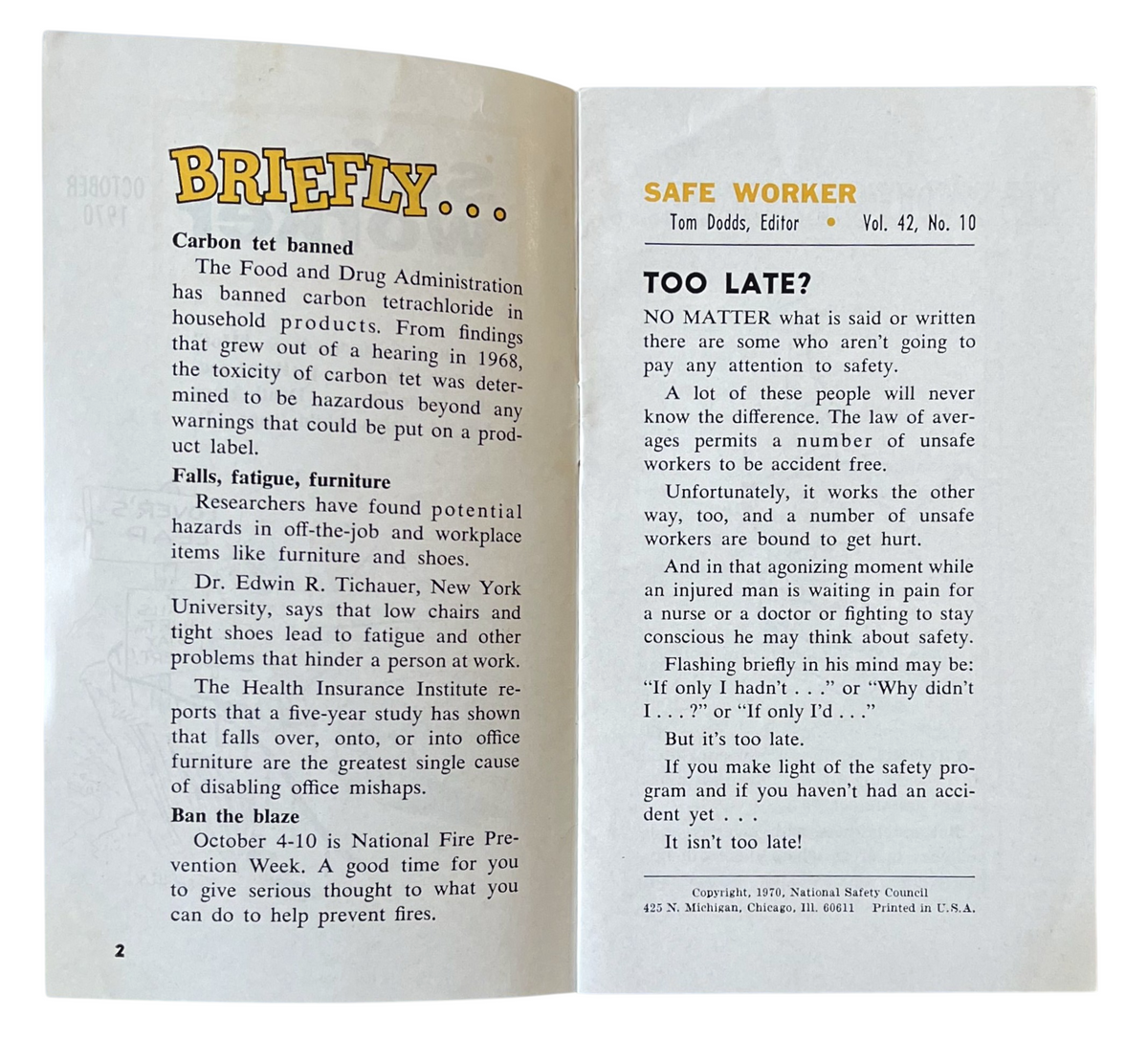 October 1970 Safe Worker National Safety Council Pamphlet - Illustrated by Sid Hix - Pre-OSHA 1970 Workers Safety Publication Booklet