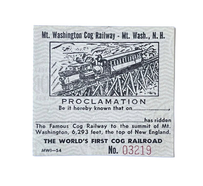 1950s Undated Mt. Washington Cog Railway NH Ride Ticket - Mount Washington RR Souvenir - Vintage New Hampshire Cog Railroad Souvenir Ticket