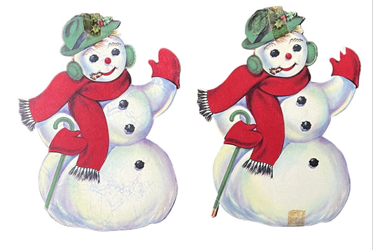 Lot of 2 1950s Dennison Snowman Christmas Cardboard Die Cut Decorations - 6.75" x 5" - Vintage Dennison Winter Snowman Holiday Paper Decor