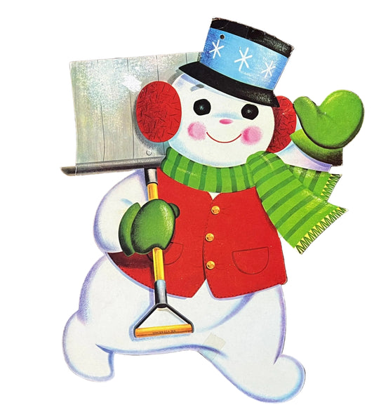1960s Dennison Snowman with Shovel Christmas Cardboard Die Cut Decoration - 11" x 8.5" - Vintage Dennison Winter Snowman Holiday Paper Decor