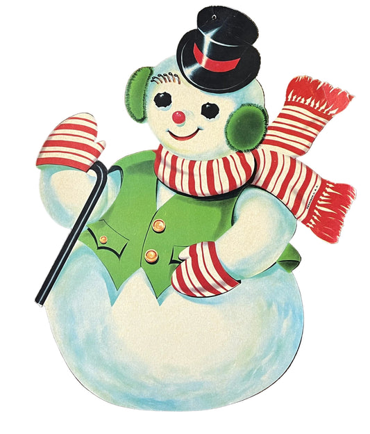 1950s Large Dennison Snowman Christmas Cardboard Die Cut Decoration - 16" x 12.5" - Vintage Dennison Winter Snowman Holiday Paper Decor