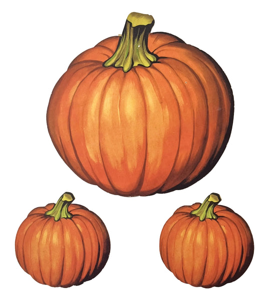 Vintage Lot of 3 Dennison Autumn Pumpkins Die Cut Decorations - 4" and 8" Sizes - 1960s Dennison Fall Pumpkin Paper Decor Lot