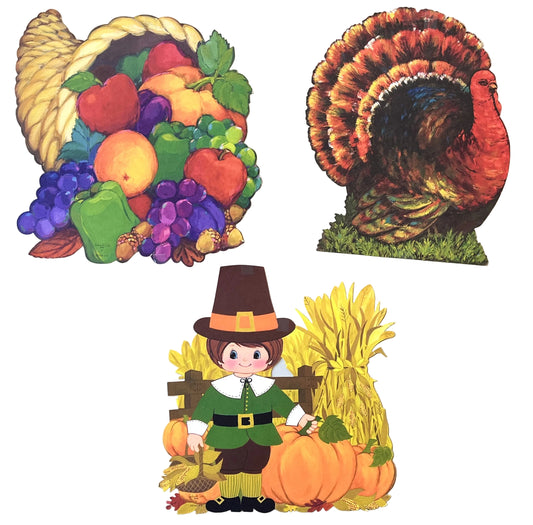 Lot of 3 Vintage Ambassador Cards Thanksgiving Die Cuts - 10" Tall - Turkey, Pilgrim & Cornucopia - 1980s Nostalgic Thanksgiving Decor