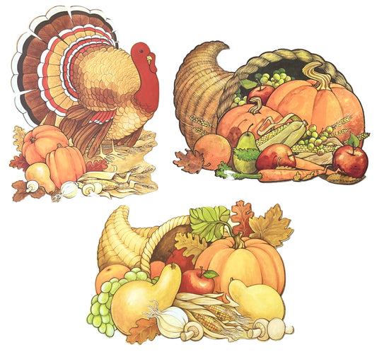Lot of 3 Vintage Hallmark Thanksgiving Autumn Die Cut Wall Decorations - 8"-10" - Turkey & Cornucopias - 1980s Hallmark Thanksgiving Decor