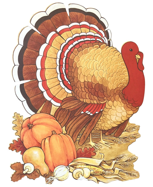 Lot of 3 Vintage Hallmark Thanksgiving Autumn Die Cut Wall Decorations - 8"-10" - Turkey & Cornucopias - 1980s Hallmark Thanksgiving Decor