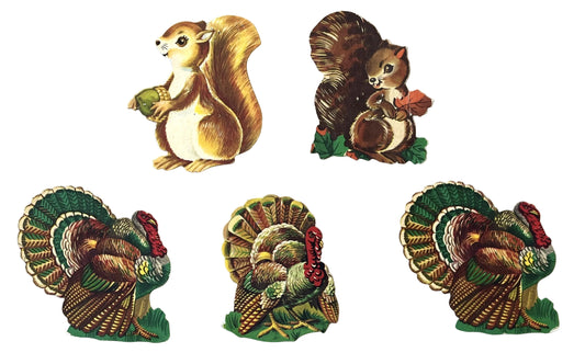 Vintage Lot of 5 Small Dennison Autumn Animals Die Cut Decorations - 3"-4" - Squirrels and Turkeys - 1960s Dennison Fall Thanksgiving Decor