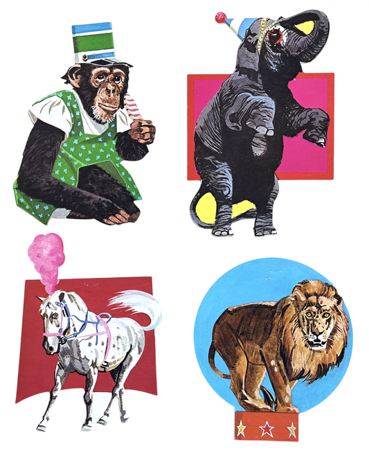 Lot of 4 Vintage Eureka Circus Animals Die Cut Decoration - Lion, Pony, Chimp, and Elephant - Unique 1980s Carnival Animals Paper Decor