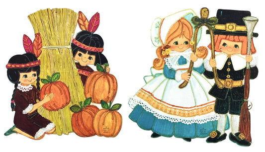 Lot of 2 Vintage Hallmark Thanksgiving Pilgrim and Native American Die Cut Wall Decorations - 8" x 6.5" - 1980s Hallmark Thanksgiving Decor