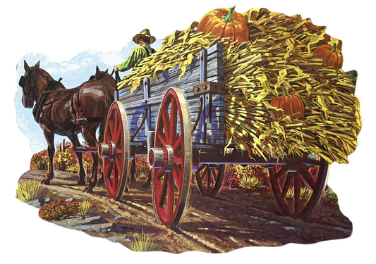 Vintage Eureka Autumn Harvest Wagon Die Cut Decoration - 7.5" x 10.5" - 1970s Nostalgic Thanksgiving Autumn Farmer Cart Paper Decor