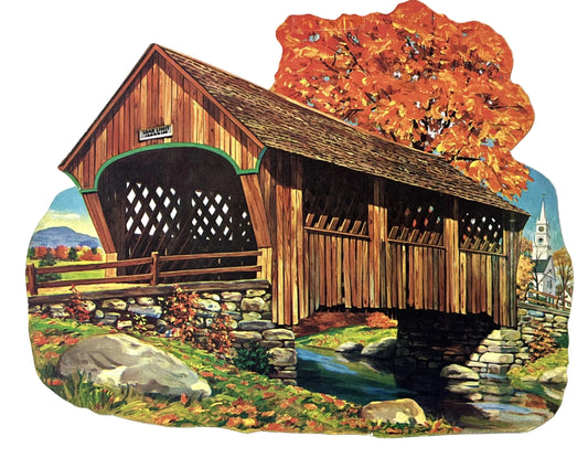 Vintage Dennison Covered Bridge Autumn Die Cut Decoration - 8.25" x 10.75" - 1960s Nostalgic Dennison Autumn Bridge Foliage Paper Decor