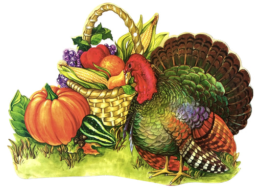 Vintage Eureka Double Sided Thanksgiving Turkey and Basket Die Cut Decoration - 15.25" x 11.25" - 1980s Nostalgic Thanksgiving Autumn Decor