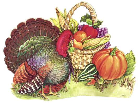 Vintage Eureka Double Sided Thanksgiving Turkey and Basket Die Cut Decoration - 15.25" x 11.25" - 1980s Nostalgic Thanksgiving Autumn Decor