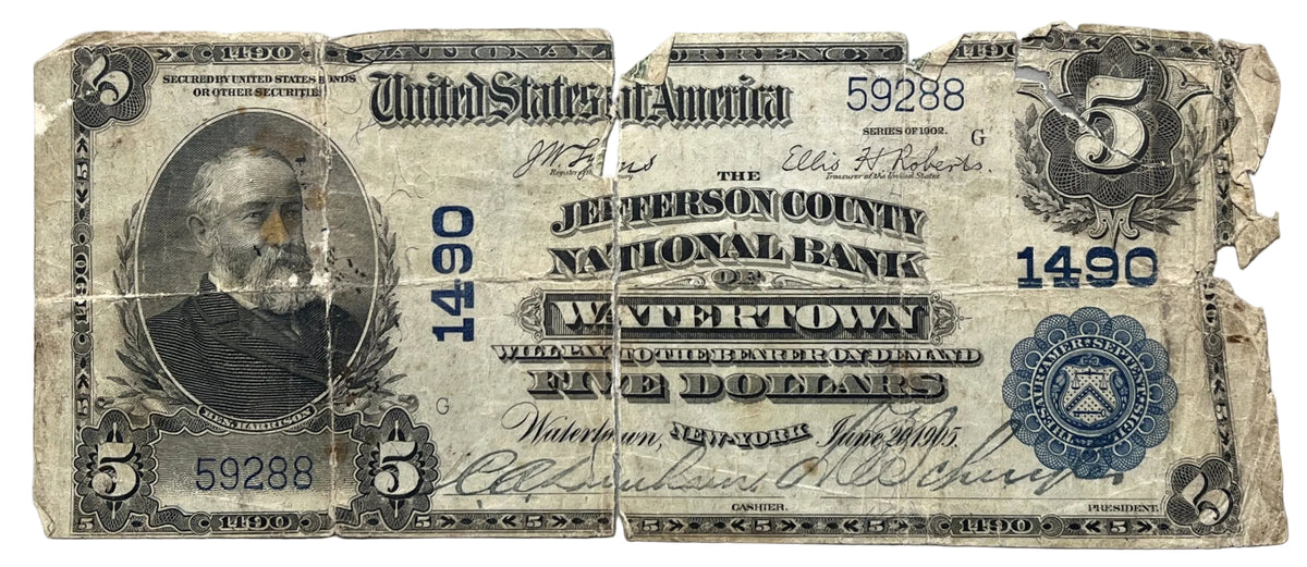 1905 National Currency 5 Dollar Note - Torn Note - Jefferson County NB of Watertown (Ch#1490) - 1902 Rare New York Five Dollar Note - Fr.598
