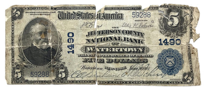 1905 National Currency 5 Dollar Note - Torn Note - Jefferson County NB of Watertown (Ch#1490) - 1902 Rare New York Five Dollar Note - Fr.598