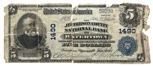 1905 National Currency 5 Dollar Note - Torn Note - Jefferson County NB of Watertown (Ch#1490) - 1902 Rare New York Five Dollar Note - Fr.598