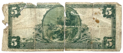 1905 National Currency 5 Dollar Note - Torn Note - Jefferson County NB of Watertown (Ch#1490) - 1902 Rare New York Five Dollar Note - Fr.598