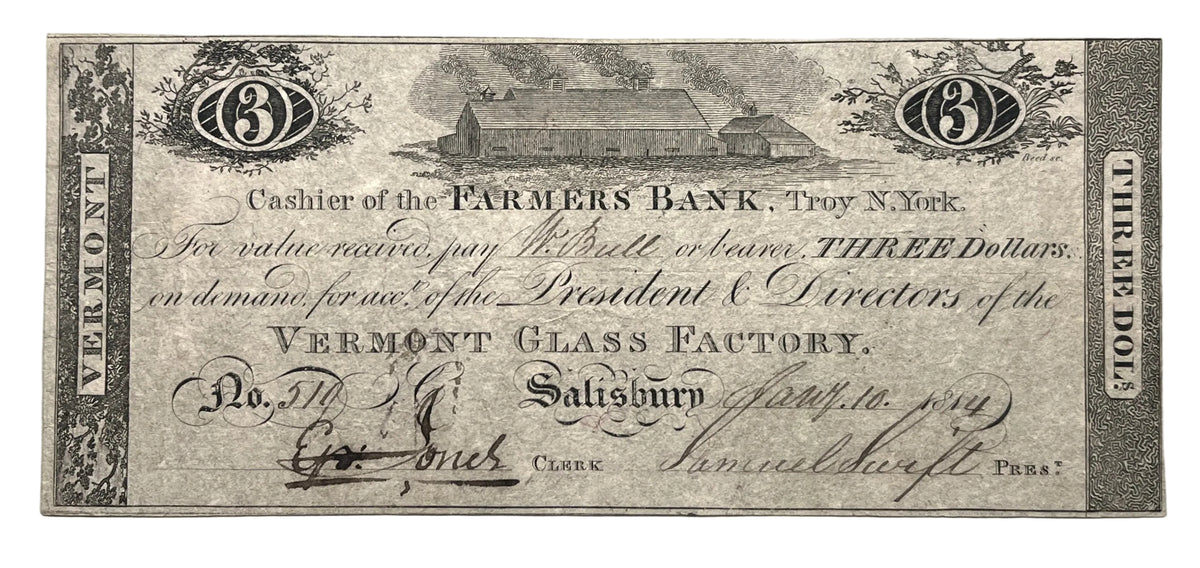 1814 Vermont Glass Factory 3 Dollar Merchant Scrip Note - Rare Early Vermont Scrip - Salisbury VT - 1814 Three Dollar Vermont Merchant Scrip