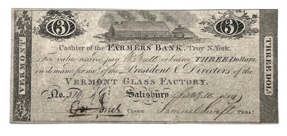 1814 Vermont Glass Factory 3 Dollar Merchant Scrip Note - Rare Early Vermont Scrip - Salisbury VT - 1814 Three Dollar Vermont Merchant Scrip