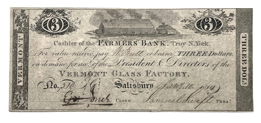 1814 Vermont Glass Factory 3 Dollar Merchant Scrip Note - Rare Early Vermont Scrip - Salisbury VT - 1814 Three Dollar Vermont Merchant Scrip