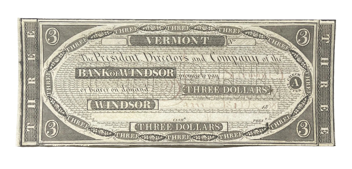 1838 Bank of Windsor 3 Dollar Vermont Obsolete Note - Faded Ink, Dated Unissued Remainder - 1838 Windsor VT Three Dollar Obsolete Banknote