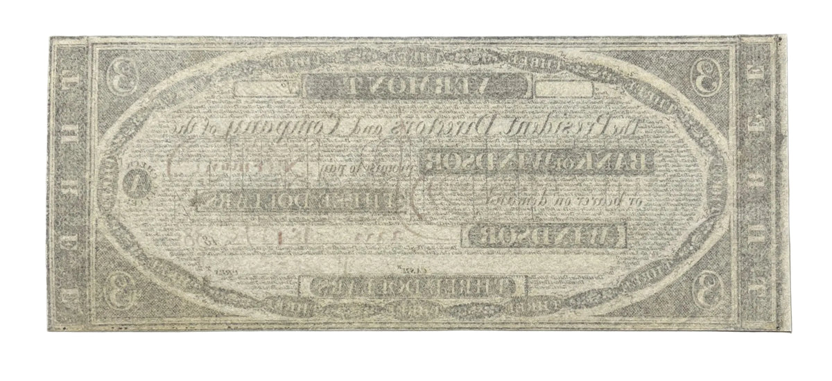 1838 Bank of Windsor 3 Dollar Vermont Obsolete Note - Faded Ink, Dated Unissued Remainder - 1838 Windsor VT Three Dollar Obsolete Banknote