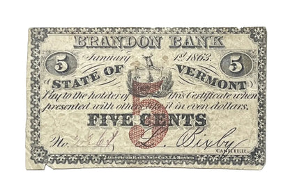 1863 Brandon Bank 5 Cents Fractional Obsolete Note - Rarer VT Fractional Obsolete - 1863 Brandon Vermont Five Cent Obsolete Banknote