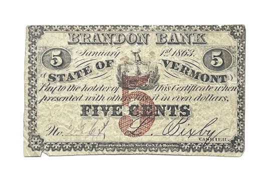 1863 Brandon Bank 5 Cents Fractional Obsolete Note - Rarer VT Fractional Obsolete - 1863 Brandon Vermont Five Cent Obsolete Banknote