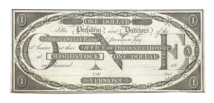 1808 Vermont State Bank Woodstock 1 Dollar Obsolete Note - Uncirculated Remainder - 1800s Woodstock Vermont One Dollar Obsolete Banknote