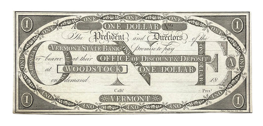 1808 Vermont State Bank Woodstock 1 Dollar Obsolete Note - Uncirculated Remainder - 1800s Woodstock Vermont One Dollar Obsolete Banknote