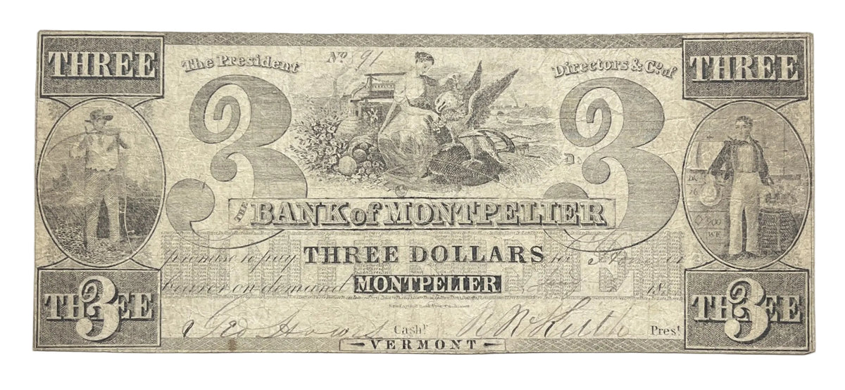 1849 Bank of Montpelier 3 Dollar Vermont Obsolete Note - Rare Bank Issue - 1849 Montpelier VT Three Dollar Obsolete Banknote