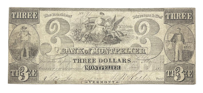 1849 Bank of Montpelier 3 Dollar Vermont Obsolete Note - Rare Bank Issue - 1849 Montpelier VT Three Dollar Obsolete Banknote