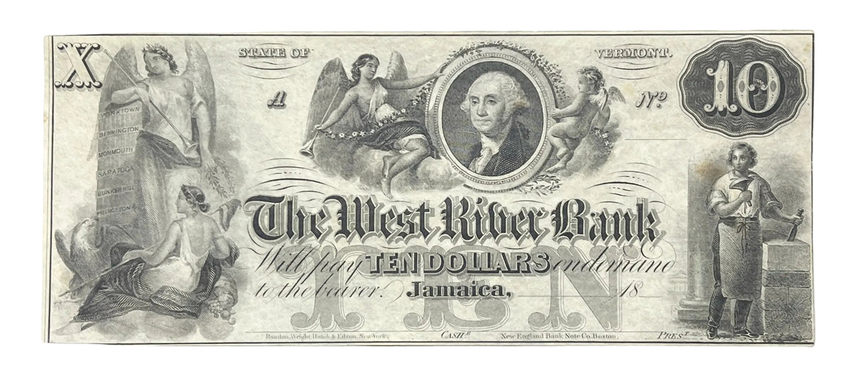 RARE 1850s West River Bank 10 Dollar Obsolete Note - Jamaica Vermont Obsolete - Unissued Remainder - 1800s Jamaica Ten Dollars Banknote