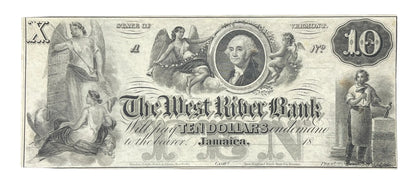 RARE 1850s West River Bank 10 Dollar Obsolete Note - Jamaica Vermont Obsolete - Unissued Remainder - 1800s Jamaica Ten Dollars Banknote