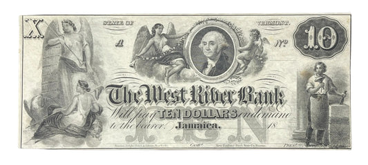 RARE 1850s West River Bank 10 Dollar Obsolete Note - Jamaica Vermont Obsolete - Unissued Remainder - 1800s Jamaica Ten Dollars Banknote