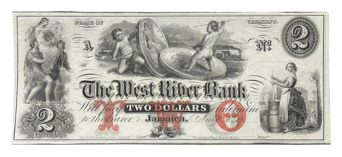 RARE 1860s West River Bank 2 Dollar Obsolete Note - Jamaica Vermont Obsolete - Unissued Remainder - 1800s Jamaica Two Dollars Banknote