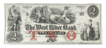 RARE 1860s West River Bank 2 Dollar Obsolete Note - Jamaica Vermont Obsolete - Unissued Remainder - 1800s Jamaica Two Dollars Banknote