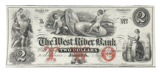 RARE 1860s West River Bank 2 Dollar Obsolete Note - Jamaica Vermont Obsolete - Unissued Remainder - 1800s Jamaica Two Dollars Banknote