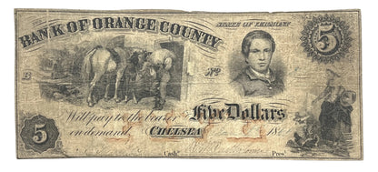 1861 Bank of Orange County 5 Dollar Vermont Obsolete Note - Later 2nd Bank - 1861 Chelsea Vermont Orange County Five Dollar Banknote