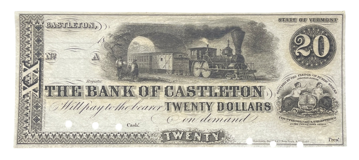 RARE 1850s Bank of Castleton 20 Dollar Vermont Obsolete Note - Uncirculated Remainder - 1800s Castleton VT Twenty Dollar Obsolete Banknote