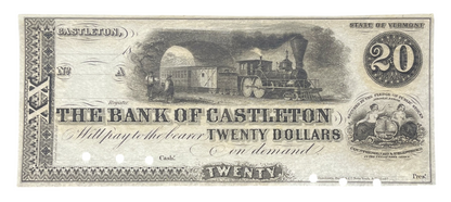 RARE 1850s Bank of Castleton 20 Dollar Vermont Obsolete Note - Uncirculated Remainder - 1800s Castleton VT Twenty Dollar Obsolete Banknote