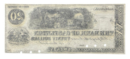 RARE 1850s Bank of Castleton 20 Dollar Vermont Obsolete Note - Uncirculated Remainder - 1800s Castleton VT Twenty Dollar Obsolete Banknote