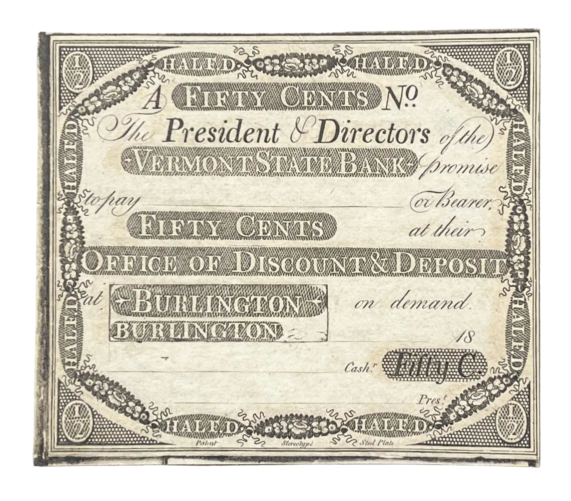 1808 Vermont State Bank 50 Cent Burlington Obsolete Note - Uncirculated Remainder - 1800s Burlington Vermont Fifty Cents Obsolete Banknote