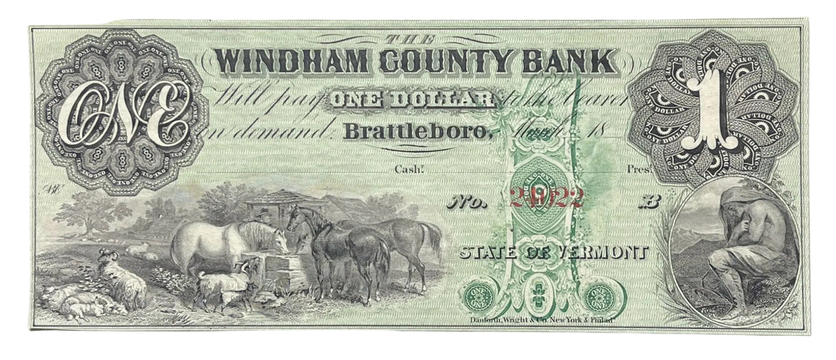 RARE 1860s Windham County Bank 1 Dollar Vermont Obsolete Note - Uncirculated Remainder - 1860s Brattleboro Vermont One Dollar Banknote