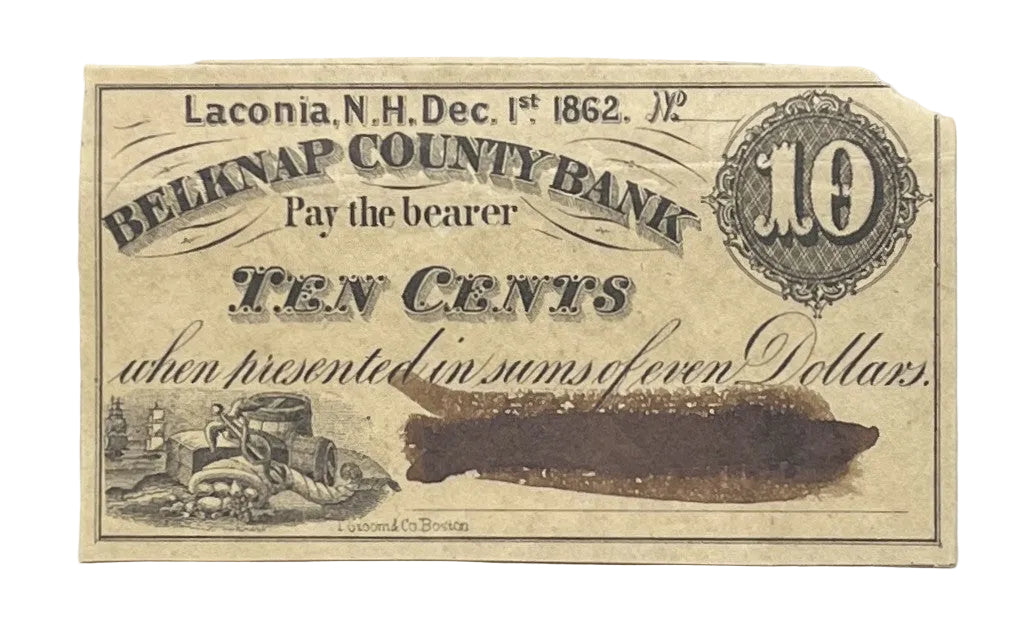 RARE 1862 Laconia NH Belknap County Bank 10 Cents Merchant Scrip - Black Cancellation Mark - New Hampshire Ten Cent Remainder Merchant Note