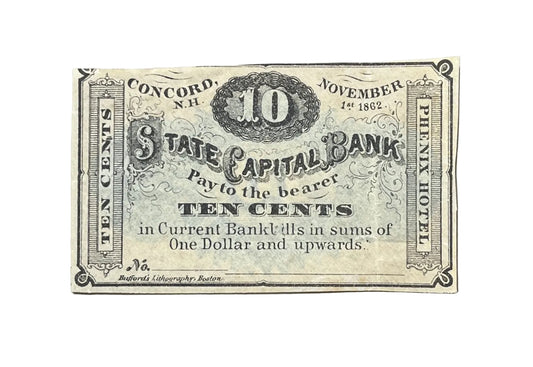 RARE 1862 Phenix Hotel 10 Cents Merchant Scrip Note - Rarer Scrip Remainder - Off Center Cut - 1862 Concord NH Ten Cent Banknote