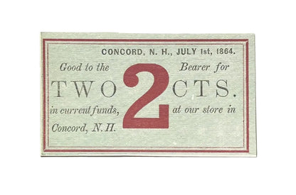 1864 Concord New Hampshire 2 Cents Merchant Scrip Note - Unissued Remainder - 1864 Morrill & Silsby Two Cent Obsolete Banknote