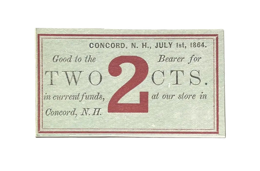 1864 Concord New Hampshire 2 Cents Merchant Scrip Note - Unissued Remainder - 1864 Morrill & Silsby Two Cent Obsolete Banknote