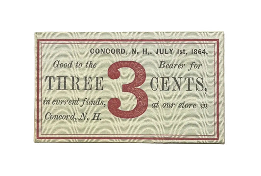 1864 Concord New Hampshire 3 Cents Merchant Scrip Note - Unissued Remainder - 1864 Morrill & Silsby Three Cent Obsolete Banknote
